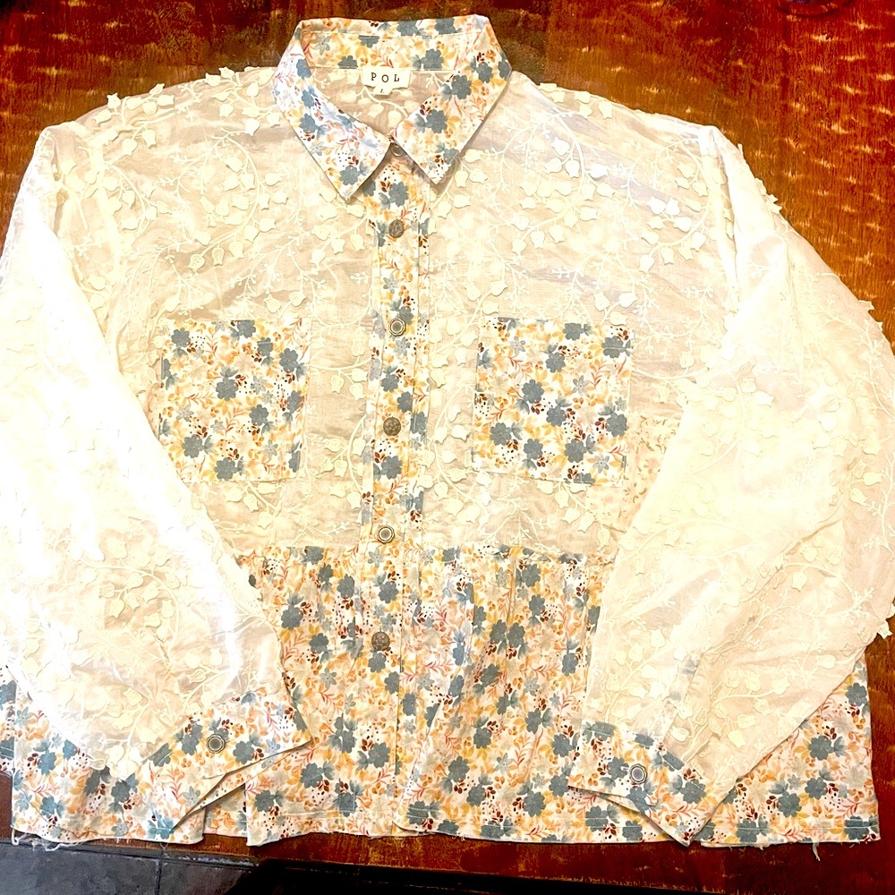 Pol Sheer Lace/Patchwork Button Down Oversized Bl… - image 4